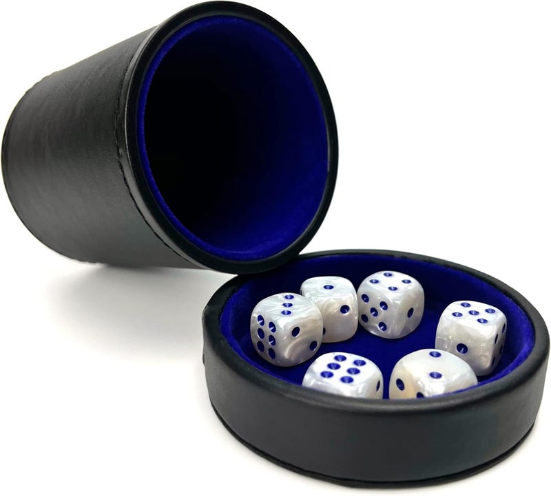 Luck Lab Black Leather Dice Cup with Lid Including 6 Matching Pearl Dice - Blue Velvet Interior for Quiet Shaking - Use for Liars Dice Farkle Yahtzee Board Games, Black - Image 1